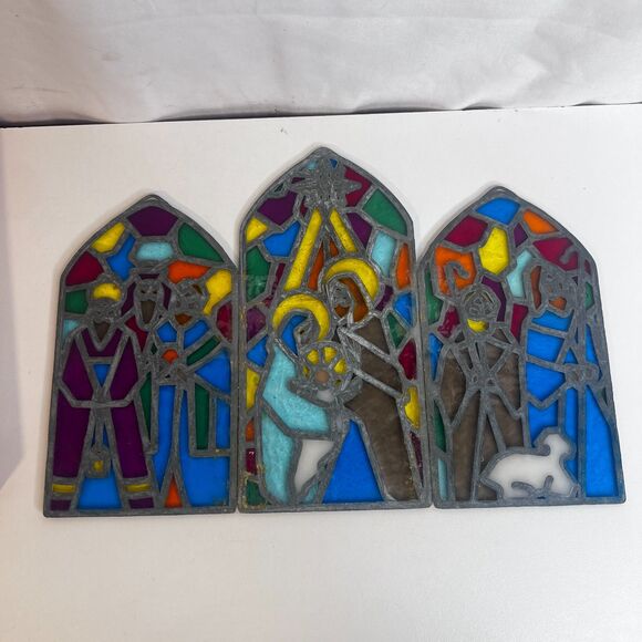 Christmas Nativity Scene Stained Glass Look Metal Panels COMPLETE Holiday Decor - Picture 3 of 10